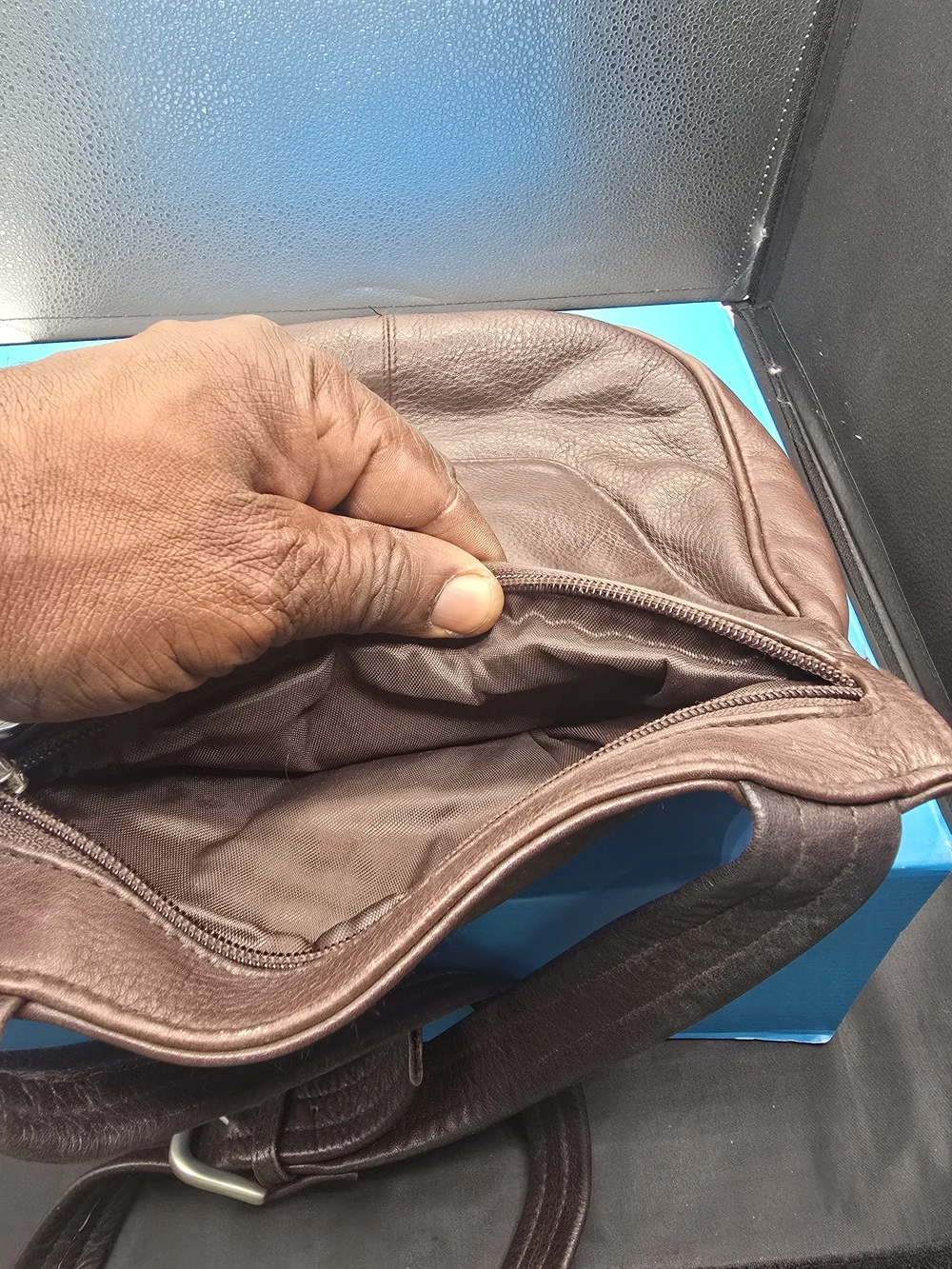 Tangerine Dark Brown Leather Messenger Bag with Front Zip